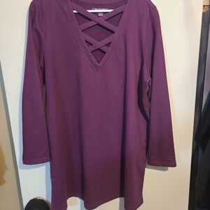 Roaman's Plum V-Neck Sweater with Crisscross Detail